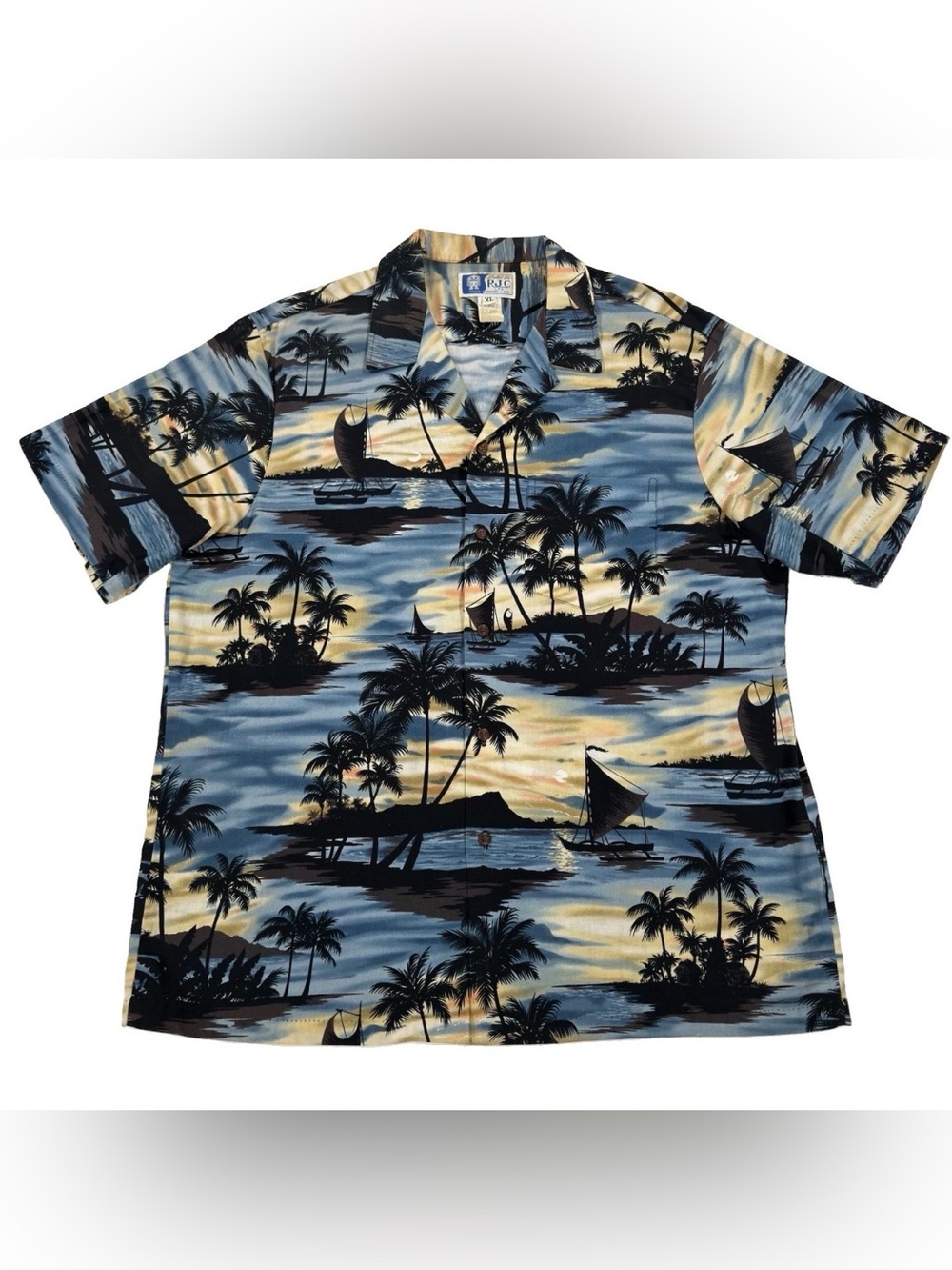 Vintage RJC Hawaiian Shirt Mens XL Blue Sunset Palm Trees Sailboat Aloha Cotton